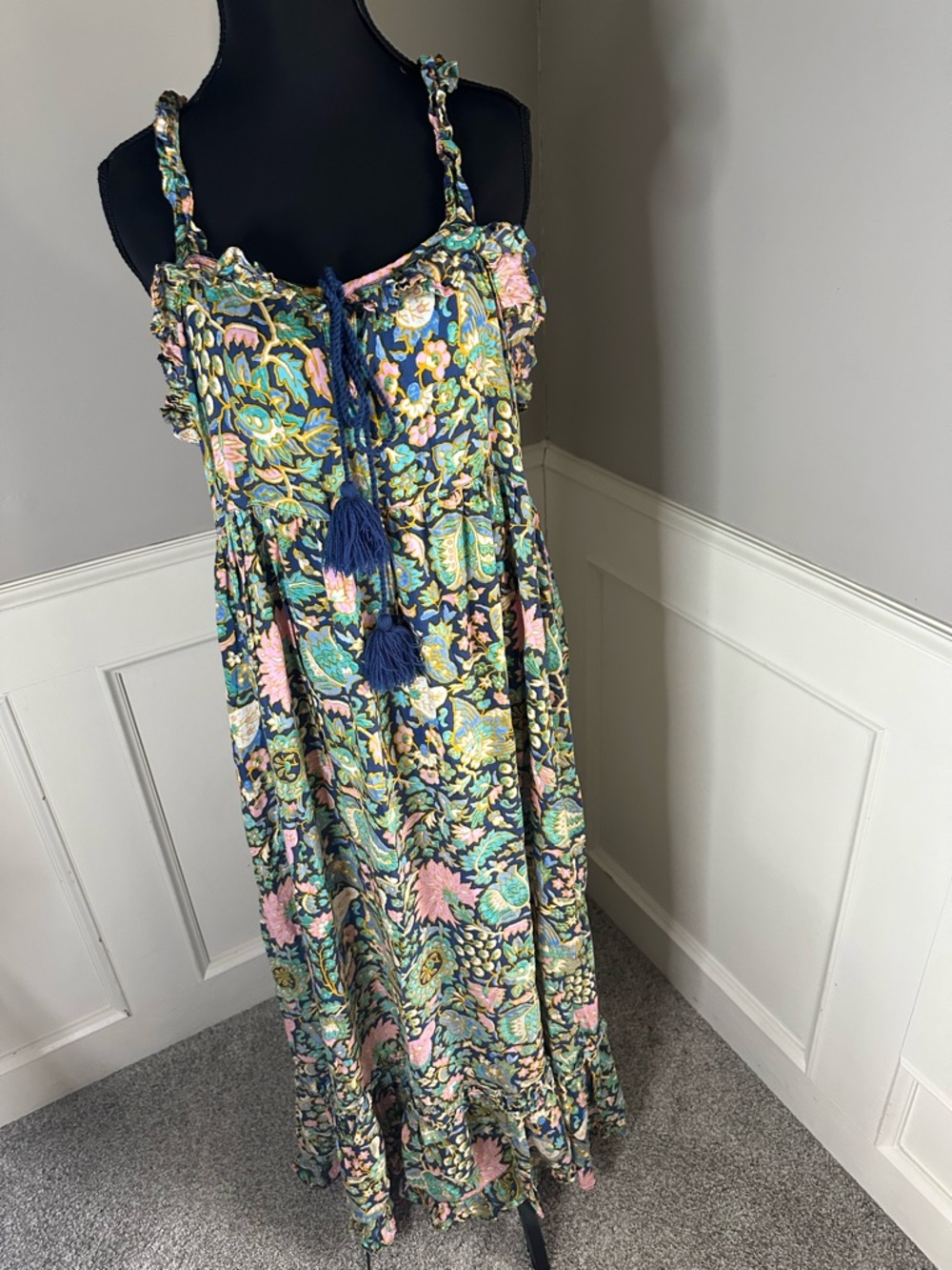A&B Floral Boho Maxi Sundress Size Large | Tassel Tie Front | Ruffle Strap